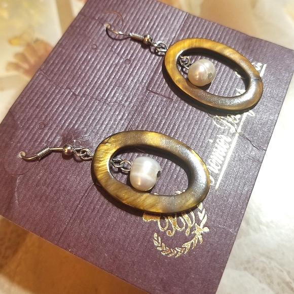 NEW Premier Designs Tiger's Eye & Biwa Pearl Dangle Earrings - Picture 2 of 4